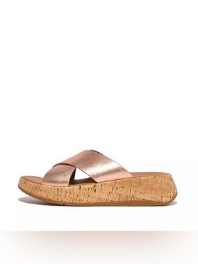 Fitflop Women's F-Mode Metallic Leather/Cork Flatform Cross Slides Size 9